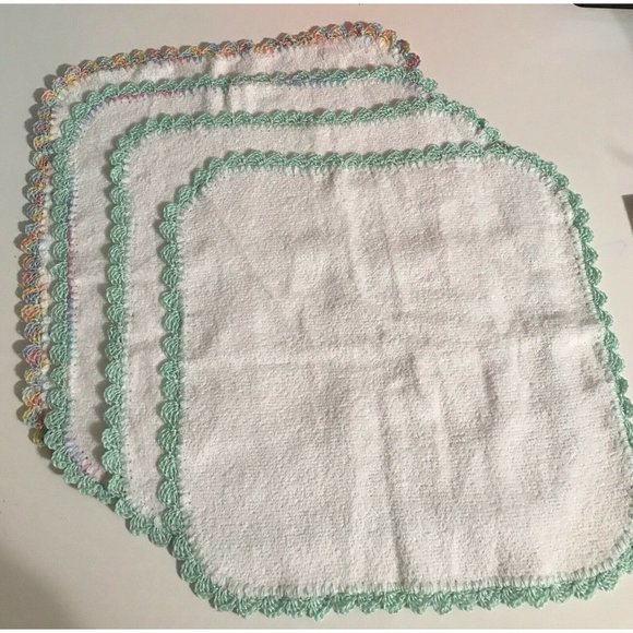 Handmade Other - Set Of 4 Handmade White Towels With Aqua Crochet Edge. 11x11 Inches.